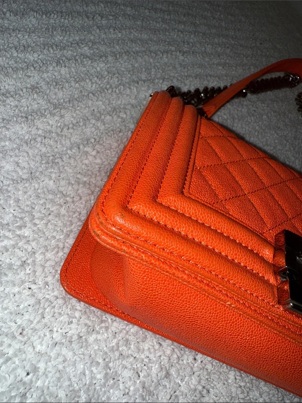 CHANEL Orange Quilted Boy Bag with Silver Chain